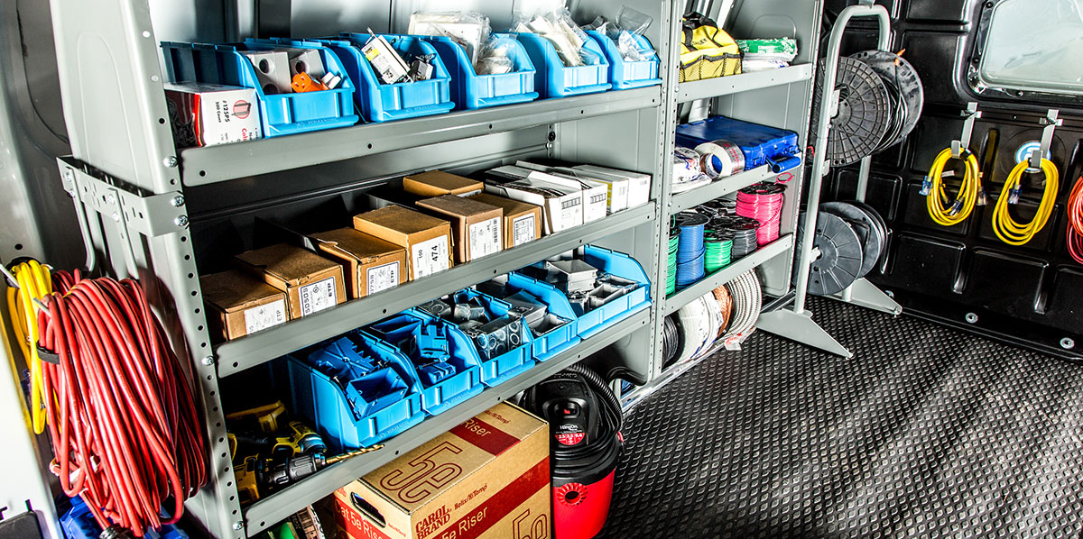 shelves and tools inside van