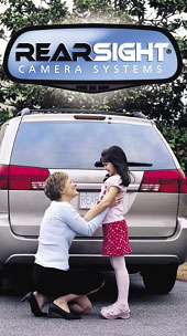 RearSight Camara Systems logo with mom and daughter behind a van unable to be seen by side view mirrors